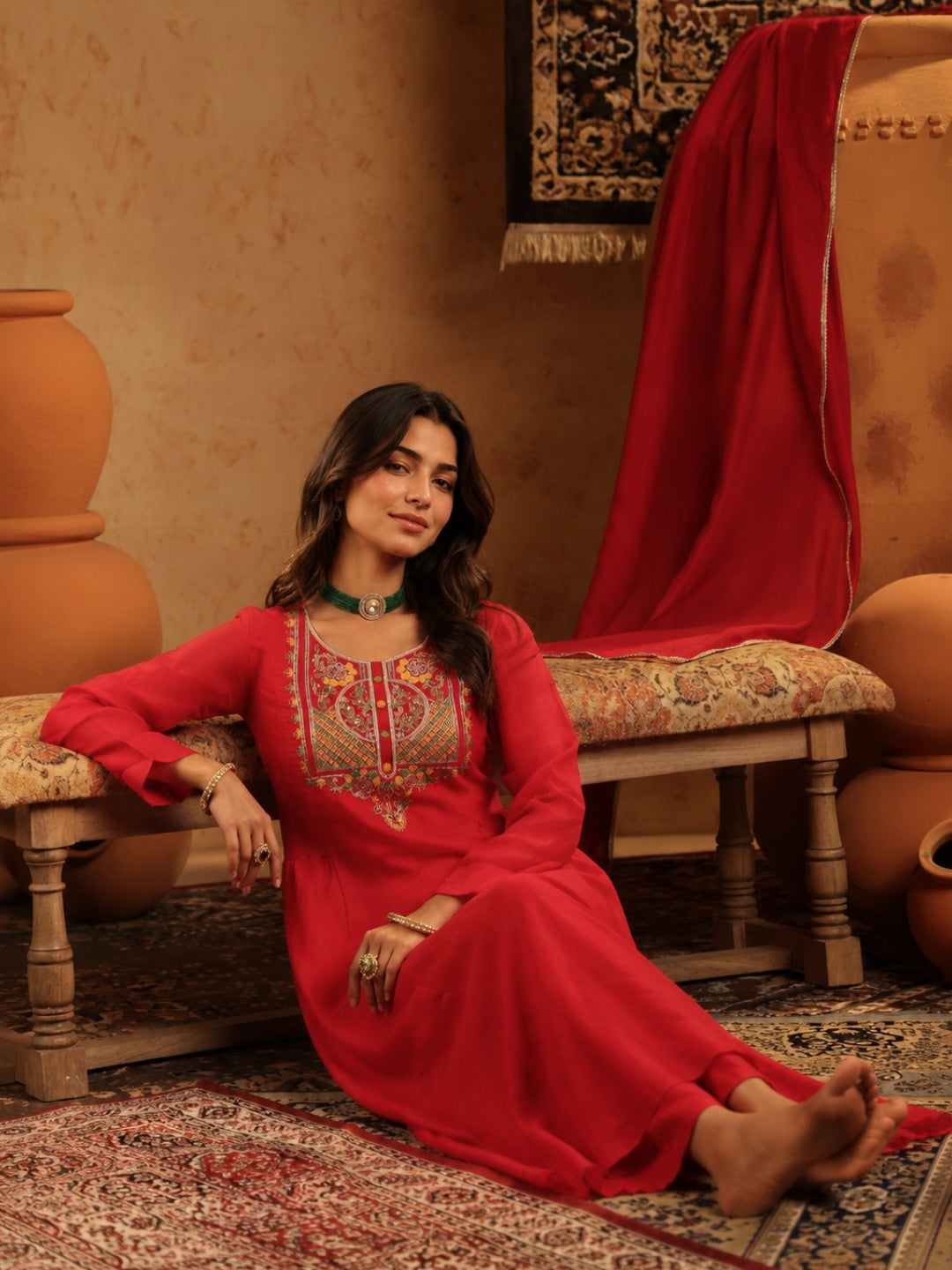 Red Mul Chanderi Embroidered Anarkali Suit - BluAuraa