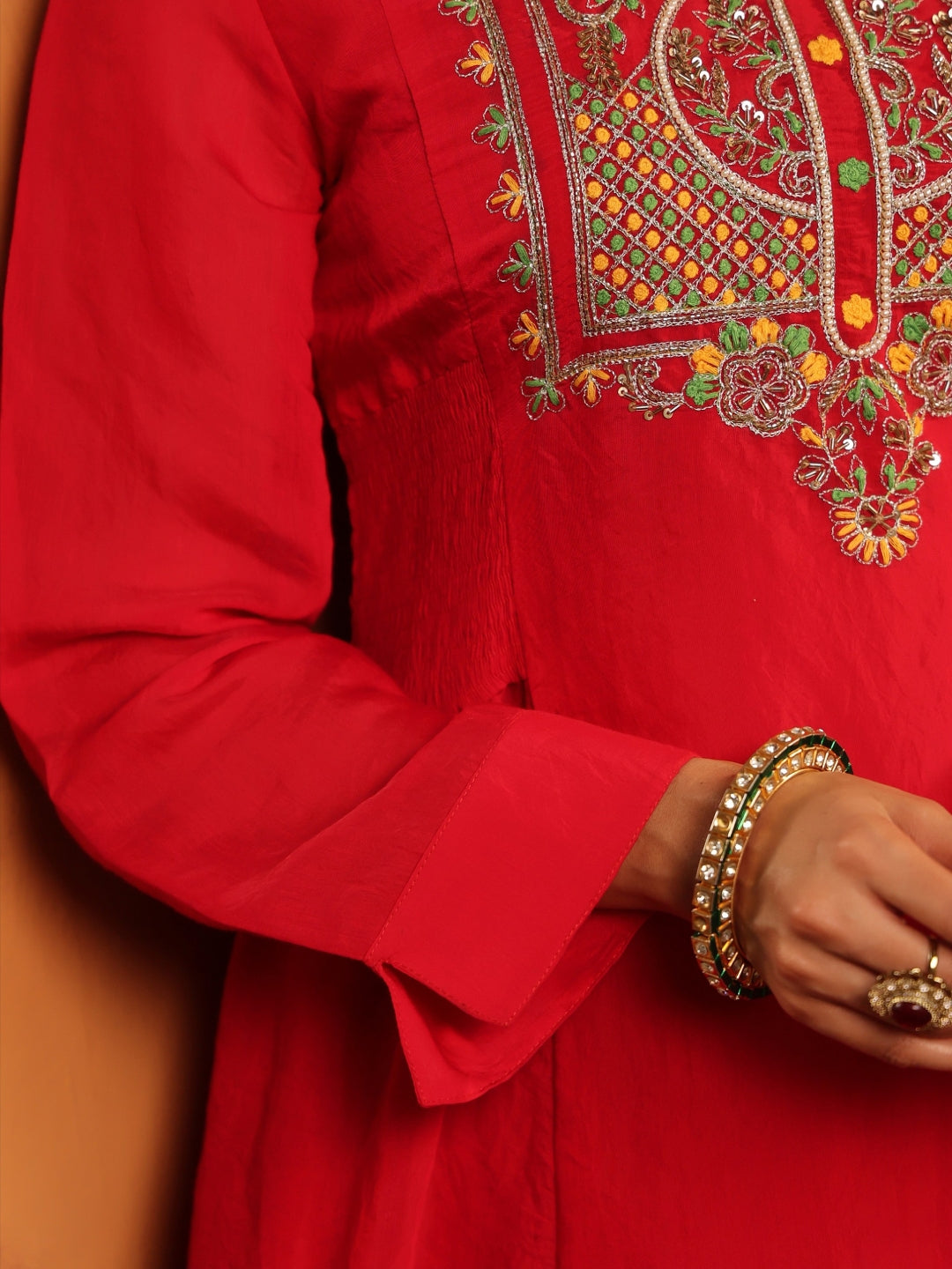 Red Mul Chanderi Embroidered Anarkali Suit - BluAuraa