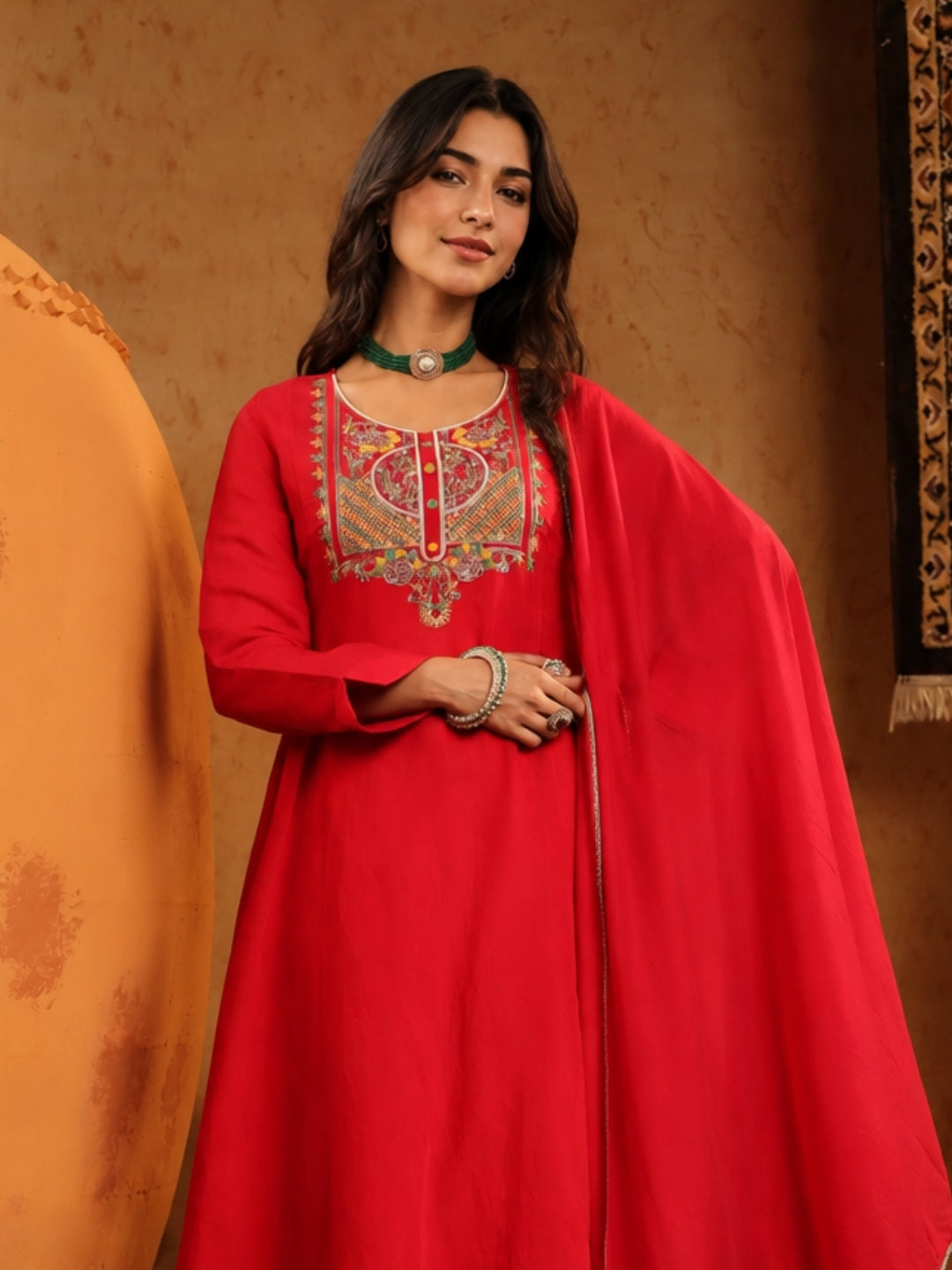 Red Mul Chanderi Embroidered Anarkali Suit - BluAuraa