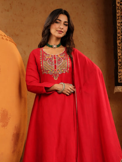 Red Mul Chanderi Embroidered Anarkali Suit - BluAuraa