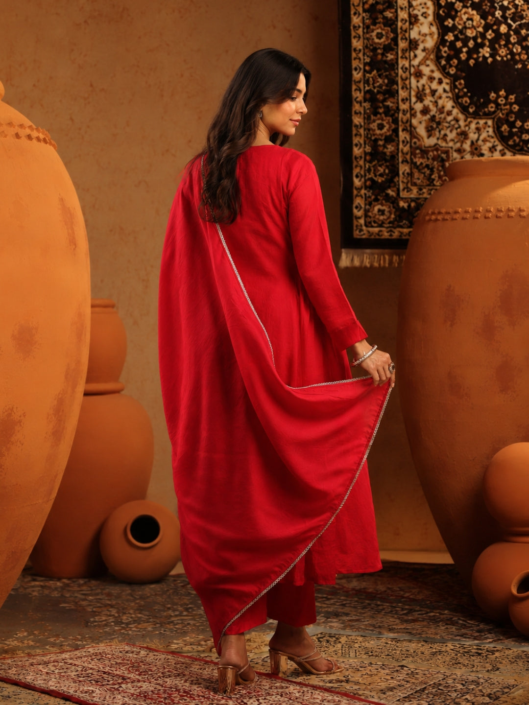 Red Mul Chanderi Embroidered Anarkali Suit - BluAuraa