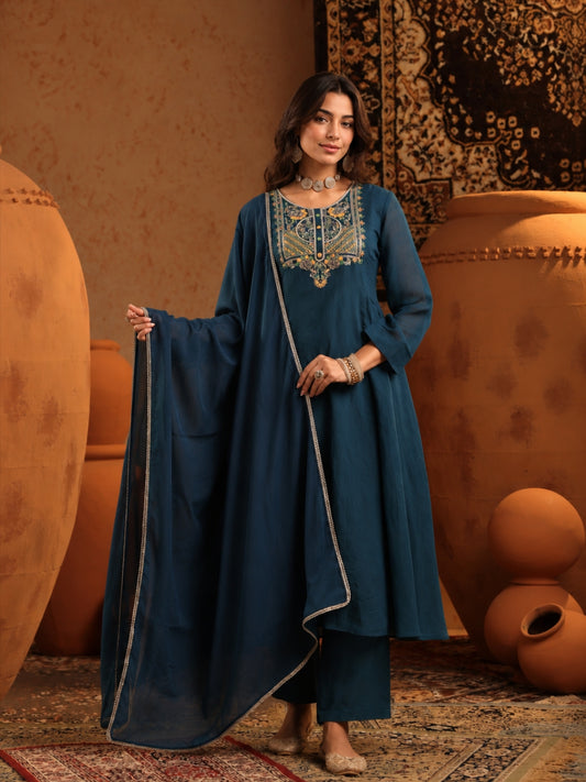 Blue Mul Chanderi Embroidered Anarkali Suit - BluAuraa