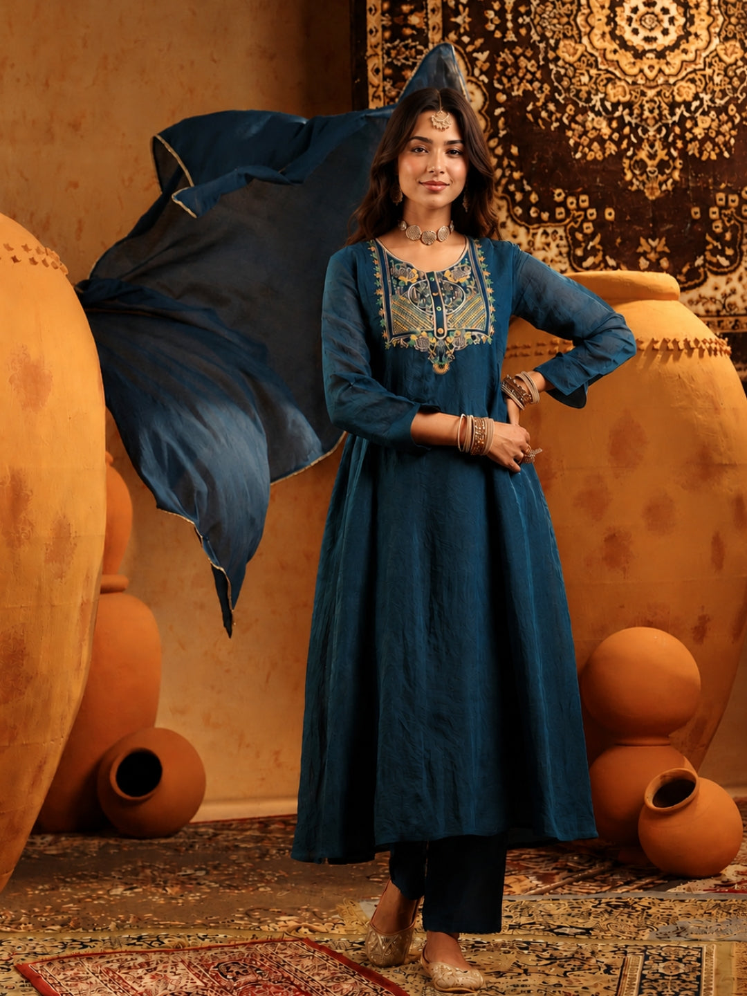 Blue Mul Chanderi Embroidered Anarkali Suit - BluAuraa