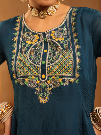 Blue Mul Chanderi Embroidered Anarkali Suit - BluAuraa