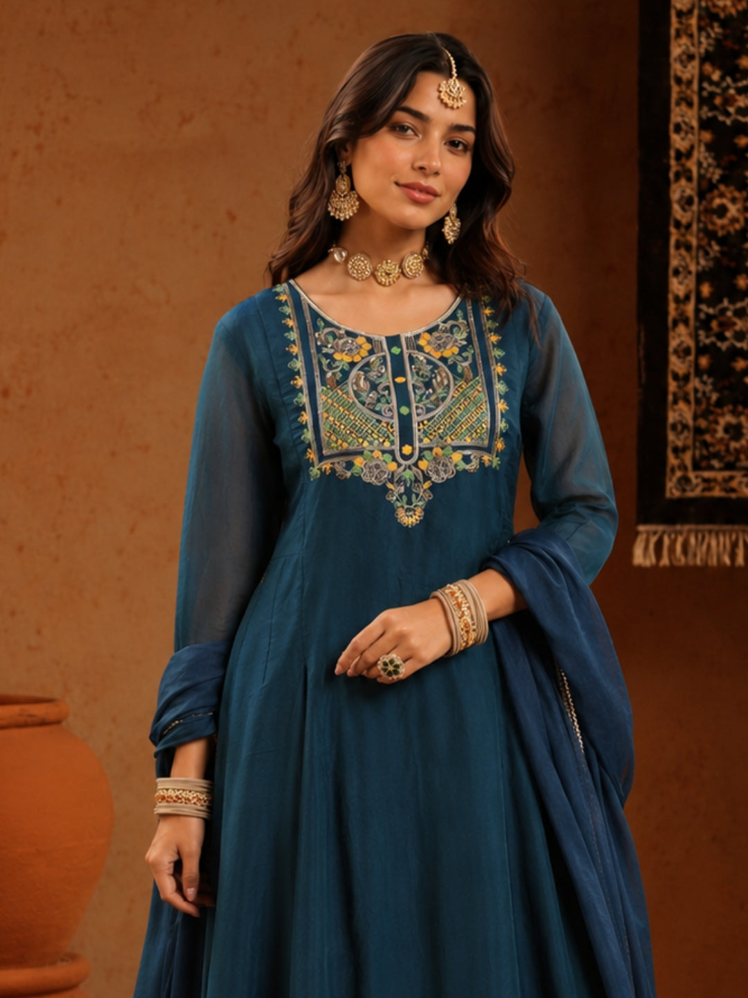 Blue Mul Chanderi Embroidered Anarkali Suit - BluAuraa