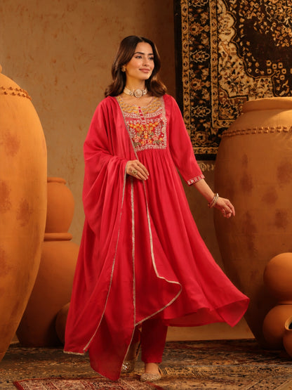 Red Mul Chanderi Embroidered Anarkali Suit - BluAuraa
