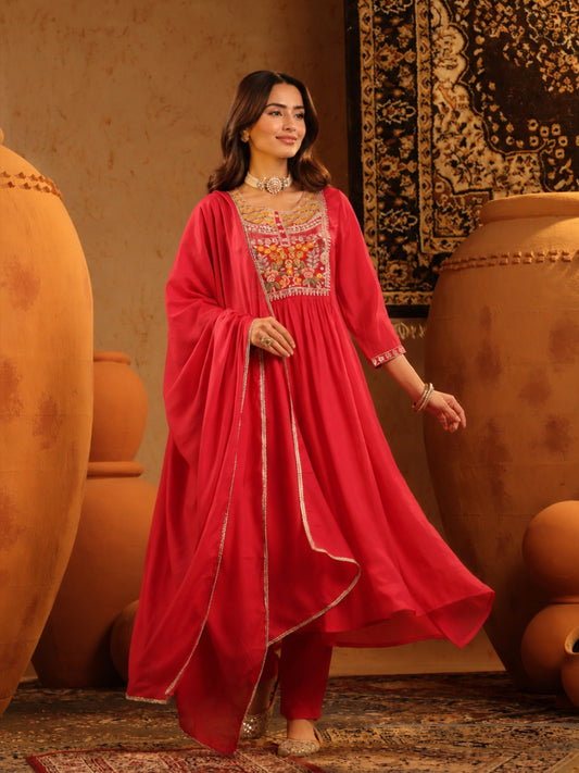 Red Mul Chanderi Embroidered Anarkali Suit - BluAuraa