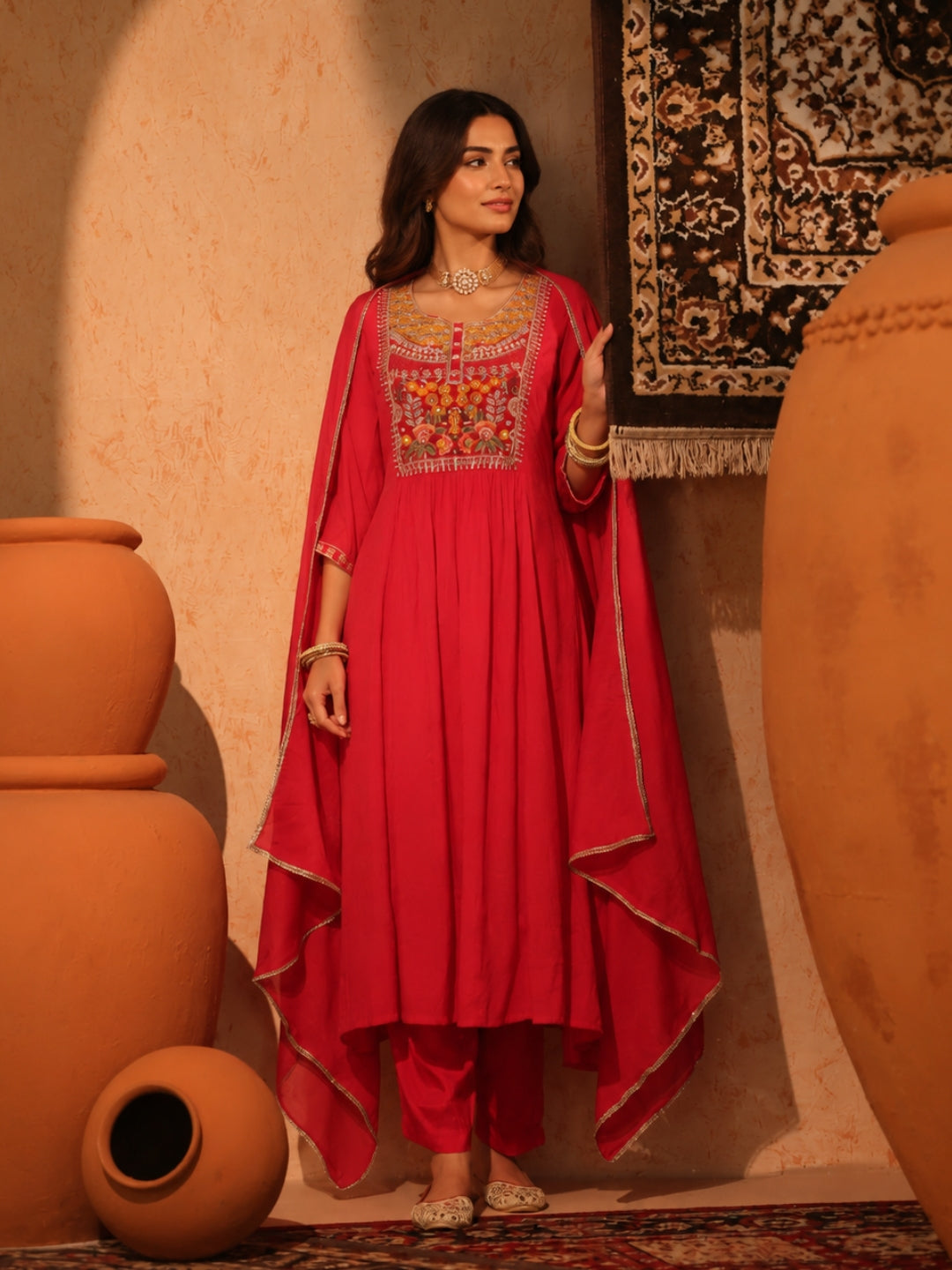 Red Mul Chanderi Embroidered Anarkali Suit - BluAuraa