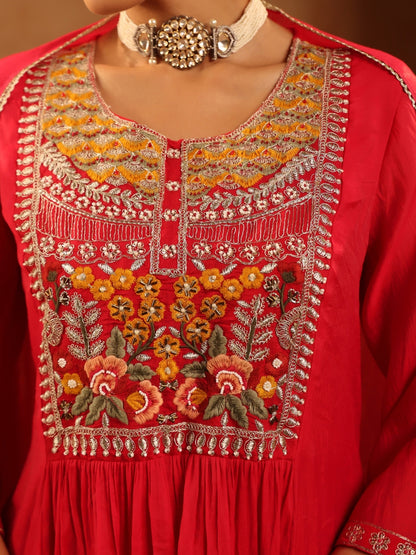 Red Mul Chanderi Embroidered Anarkali Suit - BluAuraa