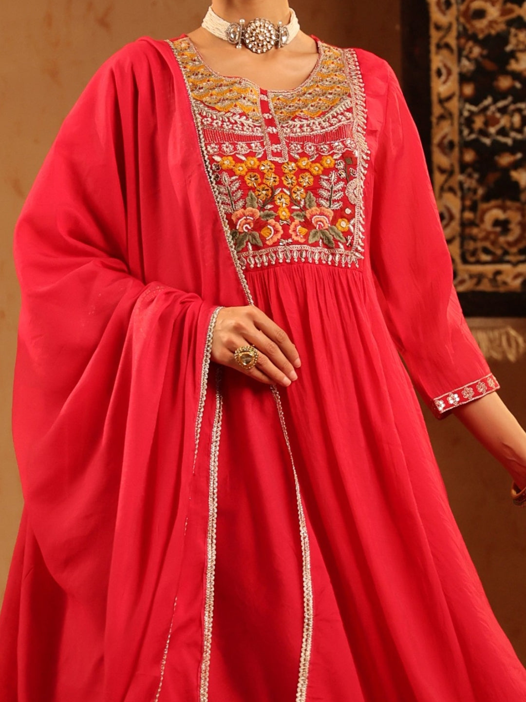Red Mul Chanderi Embroidered Anarkali Suit - BluAuraa