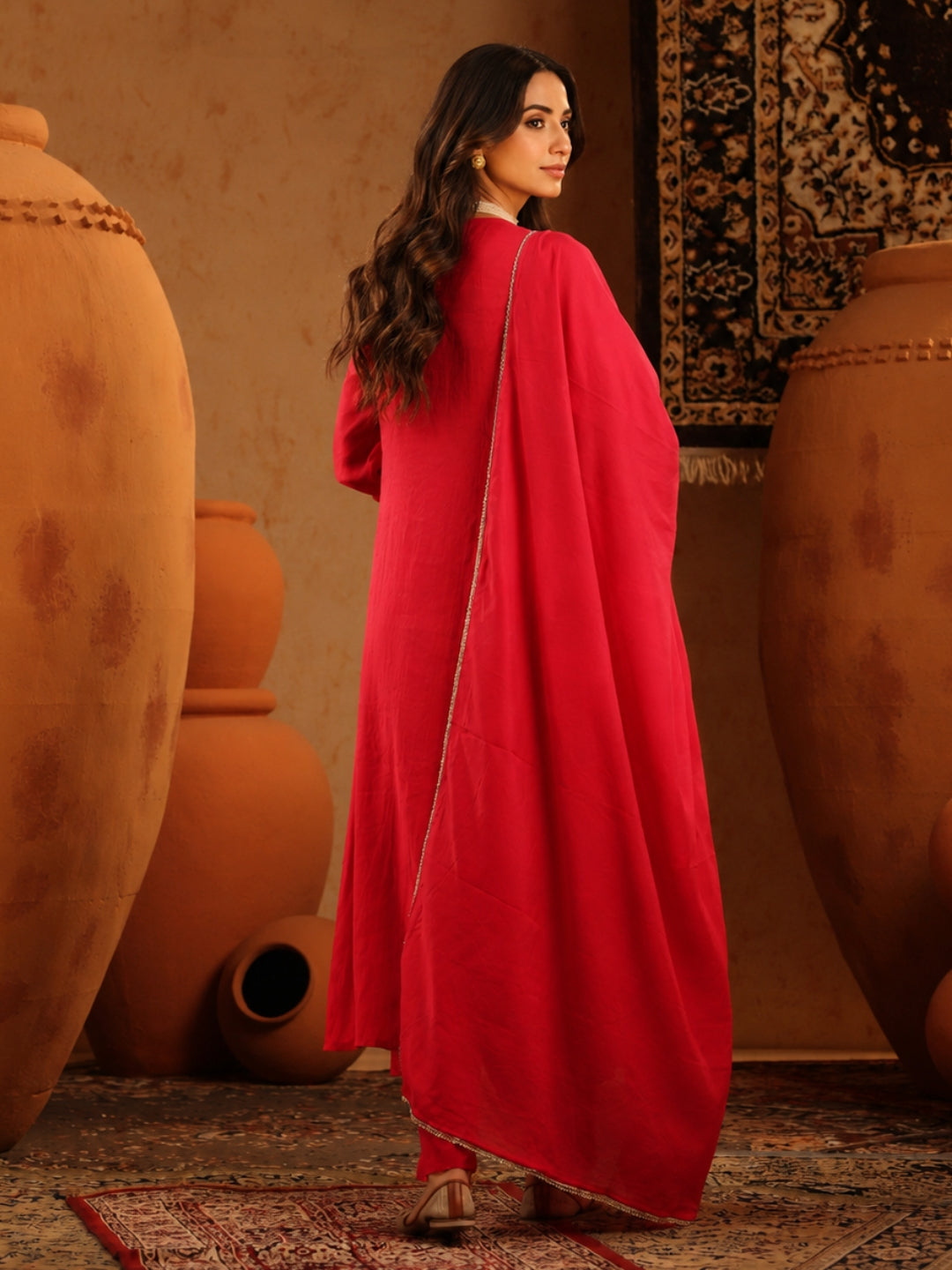 Red Mul Chanderi Embroidered Anarkali Suit - BluAuraa