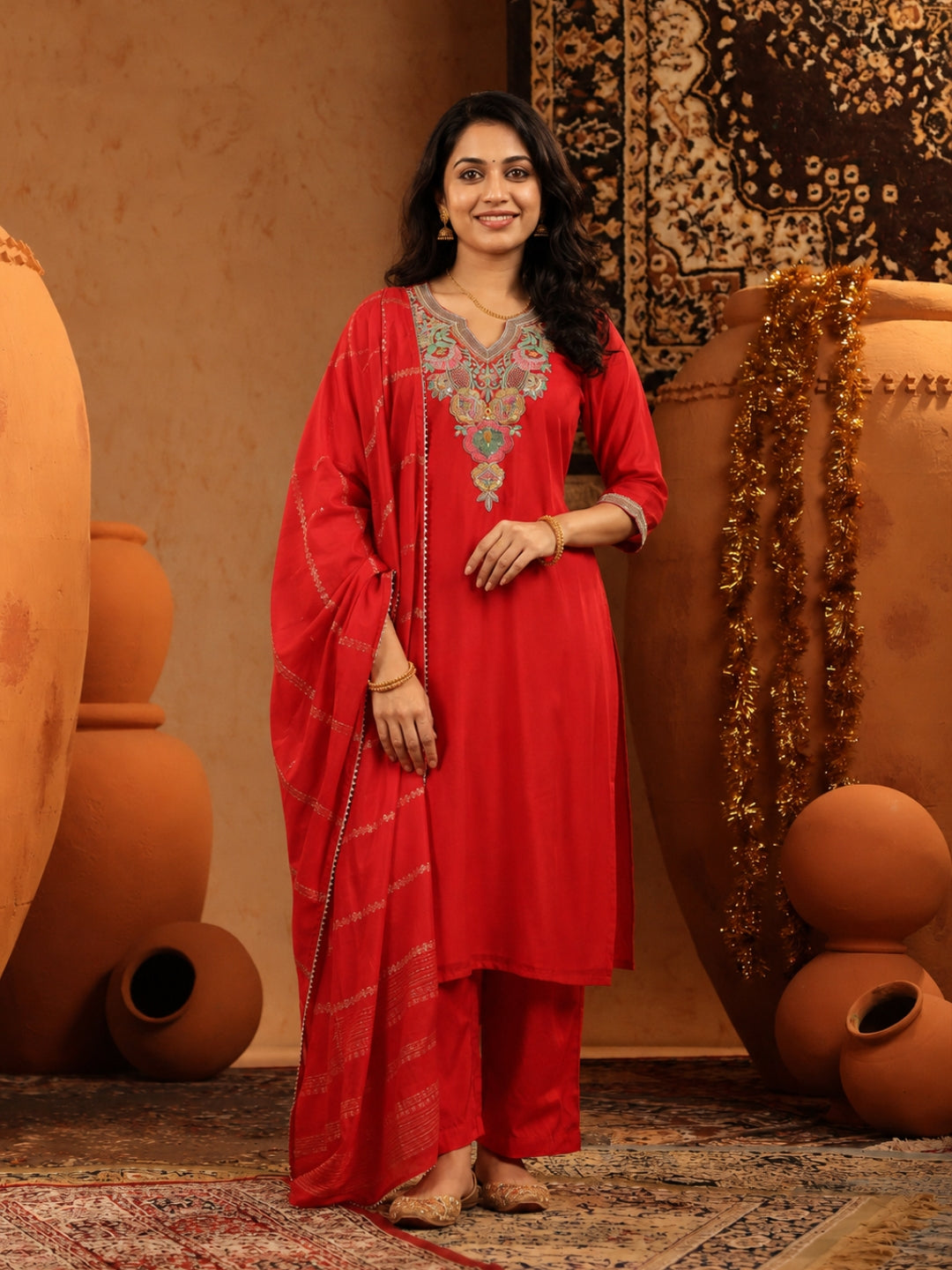 Mul Chanderi Embroidered Straight Suit - Fuchsia - BluAuraa
