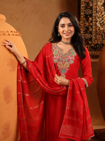 Mul Chanderi Embroidered Straight Suit - Fuchsia - BluAuraa