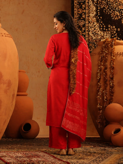 Mul Chanderi Embroidered Straight Suit - Fuchsia - BluAuraa