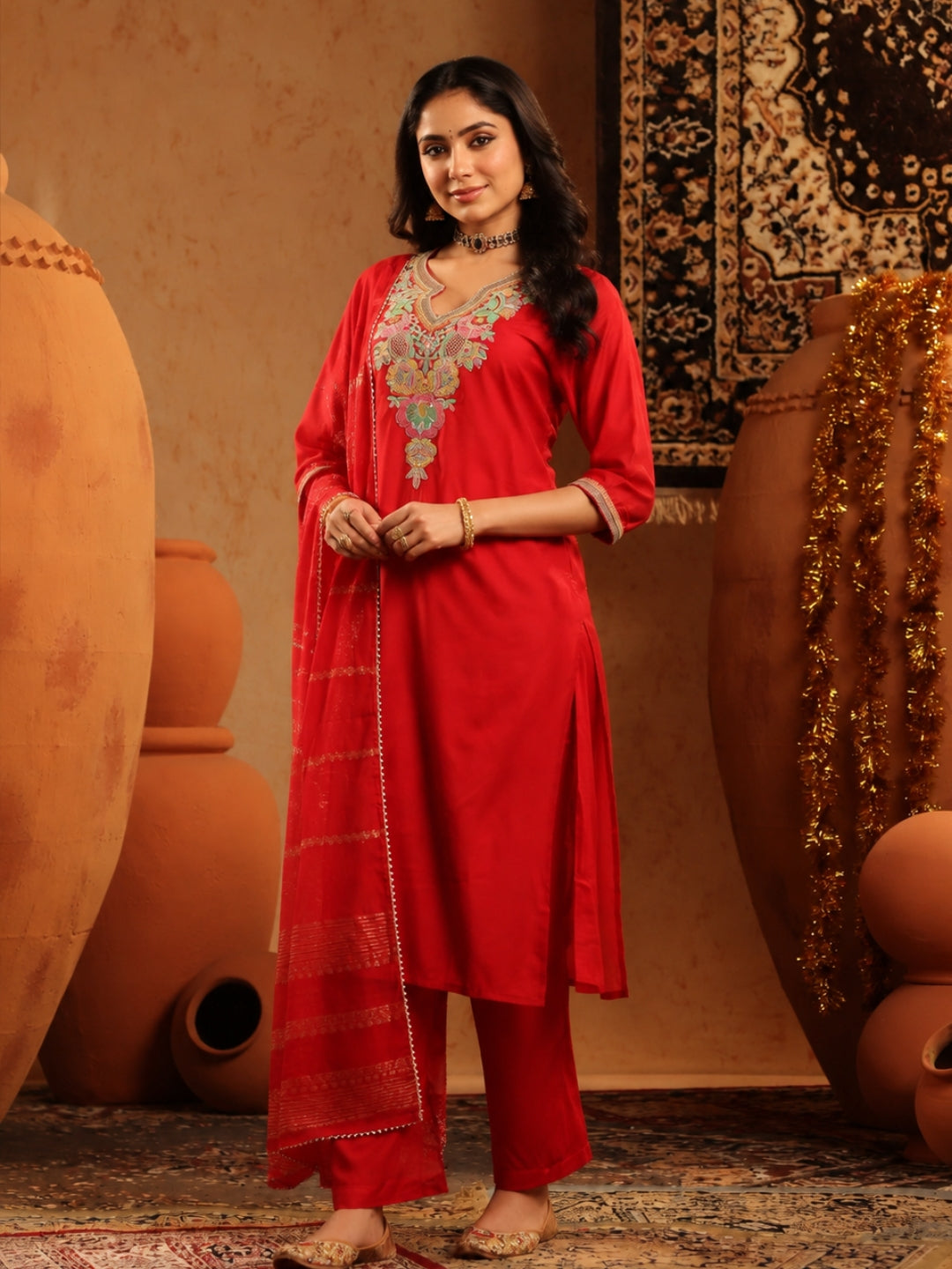 Mul Chanderi Embroidered Straight Suit - Fuchsia - BluAuraa