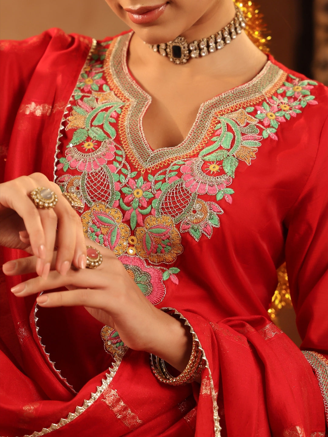 Mul Chanderi Embroidered Straight Suit - Fuchsia - BluAuraa