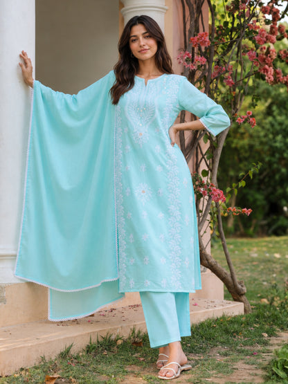 Cotton Mulmul Chikankari Embroidered Straight Suit - Aqua - BluAuraa