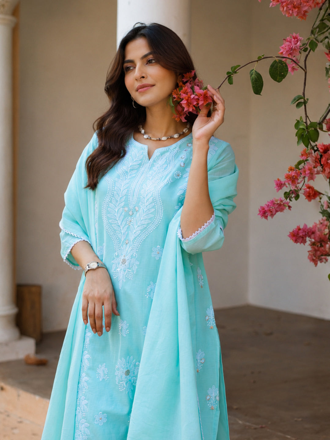 Cotton Mulmul Chikankari Embroidered Straight Suit - Aqua - BluAuraa