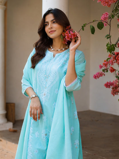 Cotton Mulmul Chikankari Embroidered Straight Suit - Aqua - BluAuraa