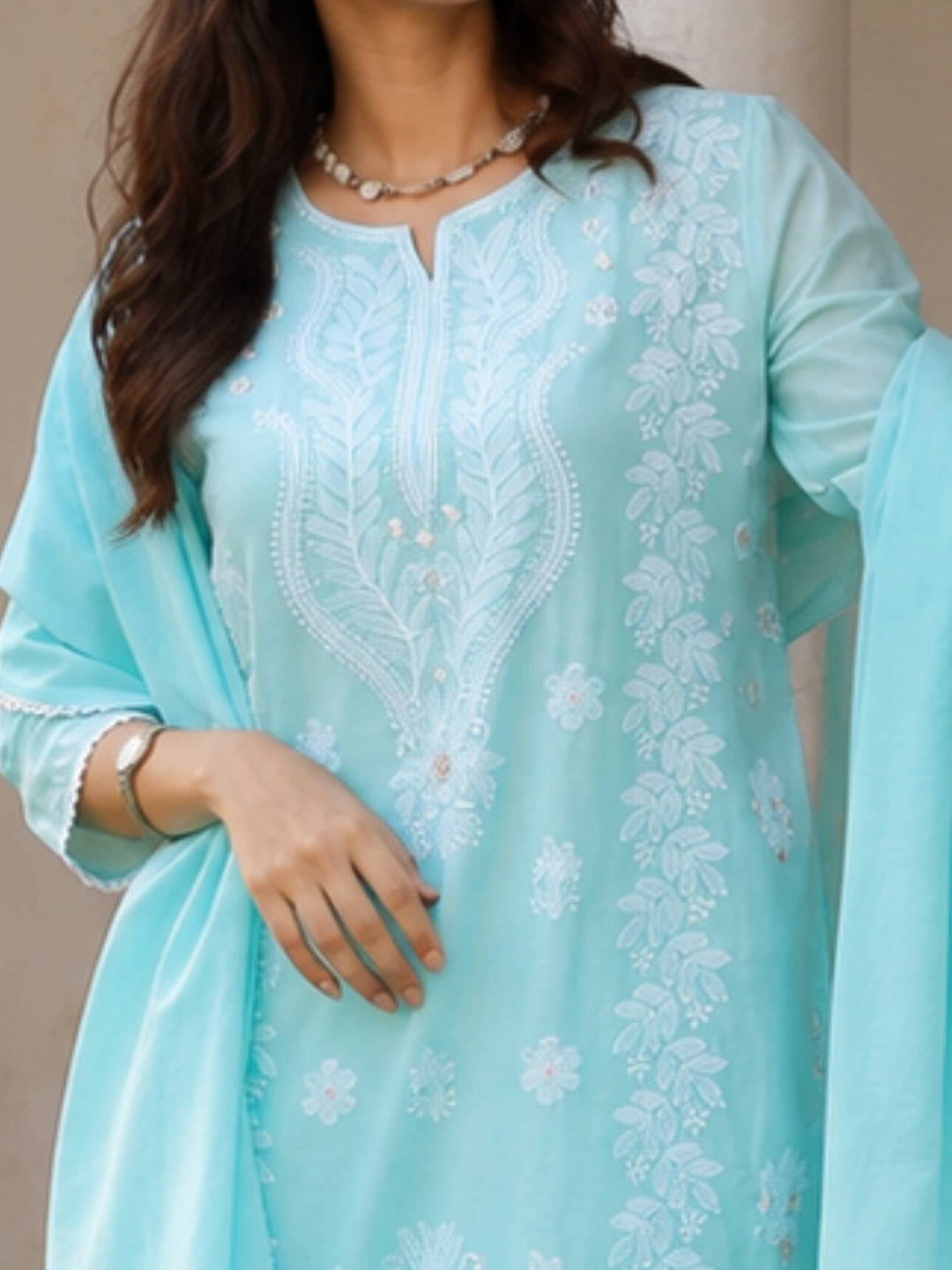 Cotton Mulmul Chikankari Embroidered Straight Suit - Aqua - BluAuraa