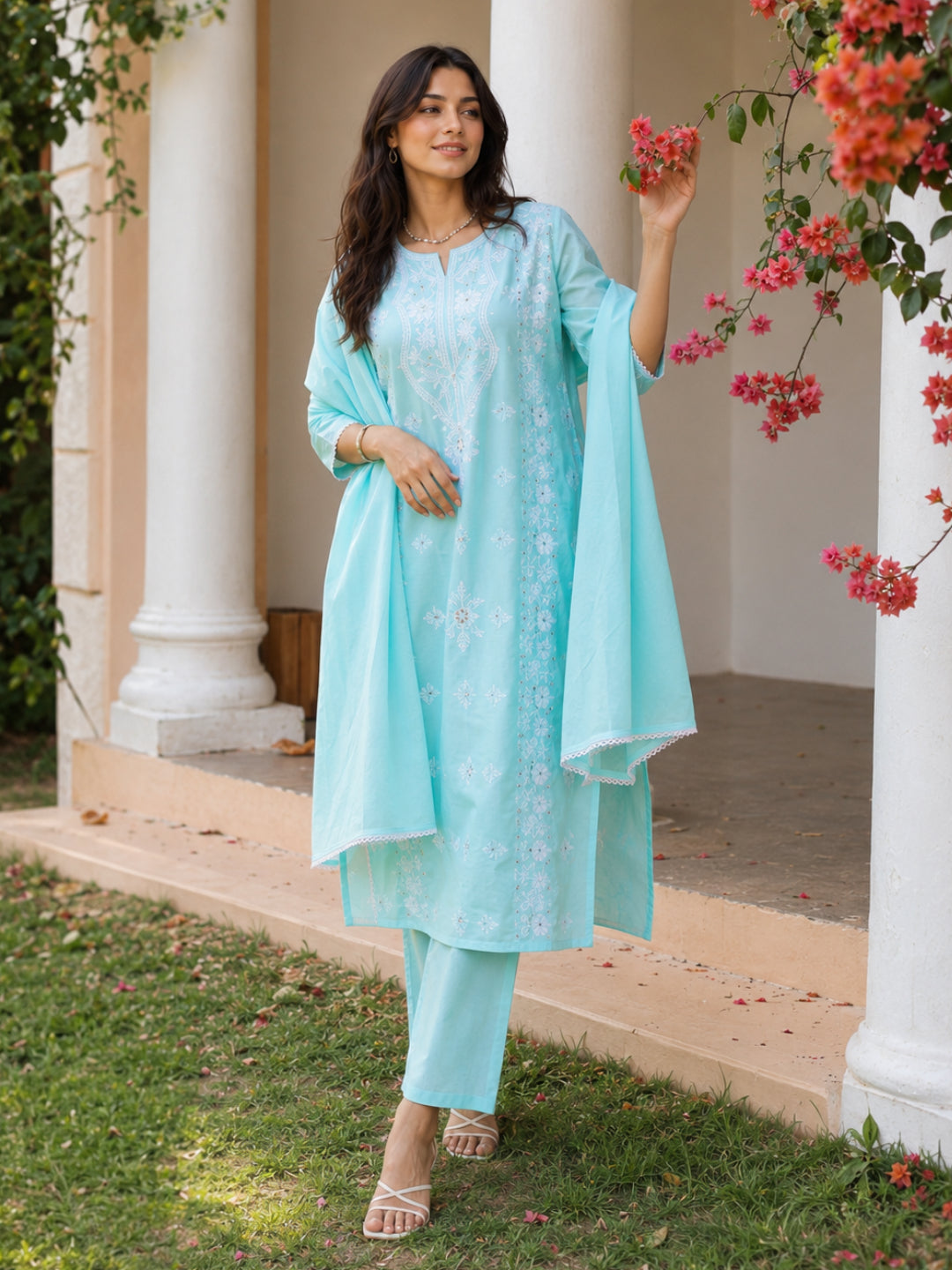 Cotton Mulmul Chikankari Embroidered Straight Suit - Aqua - BluAuraa