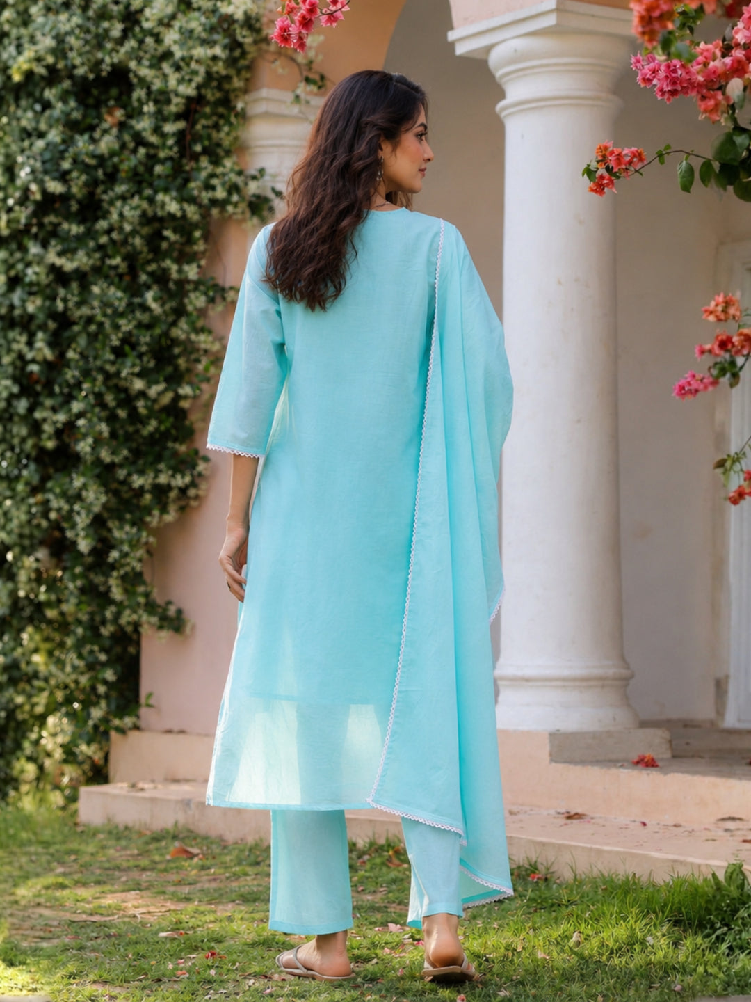 Cotton Mulmul Chikankari Embroidered Straight Suit - Aqua - BluAuraa