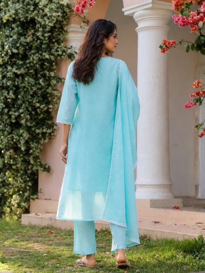 Cotton Mulmul Chikankari Embroidered Straight Suit - Aqua - BluAuraa
