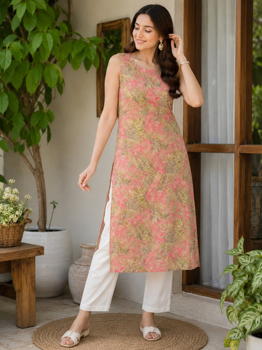 Multicolour Floral Sleeveless Kurti and Pant Set - BluAuraa
