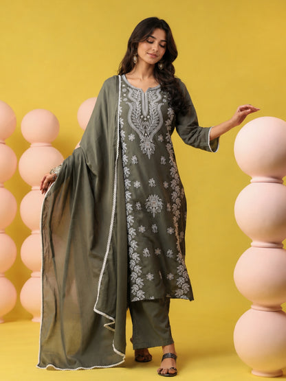 Cotton Mulmul Chikankari Embroidered Straight Suit - Sea Green - BluAuraa