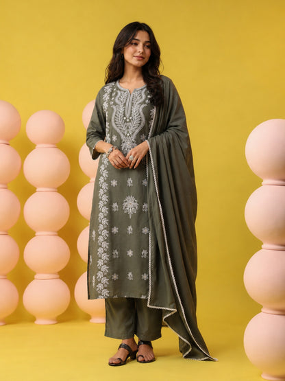 Cotton Mulmul Chikankari Embroidered Straight Suit - Sea Green - BluAuraa