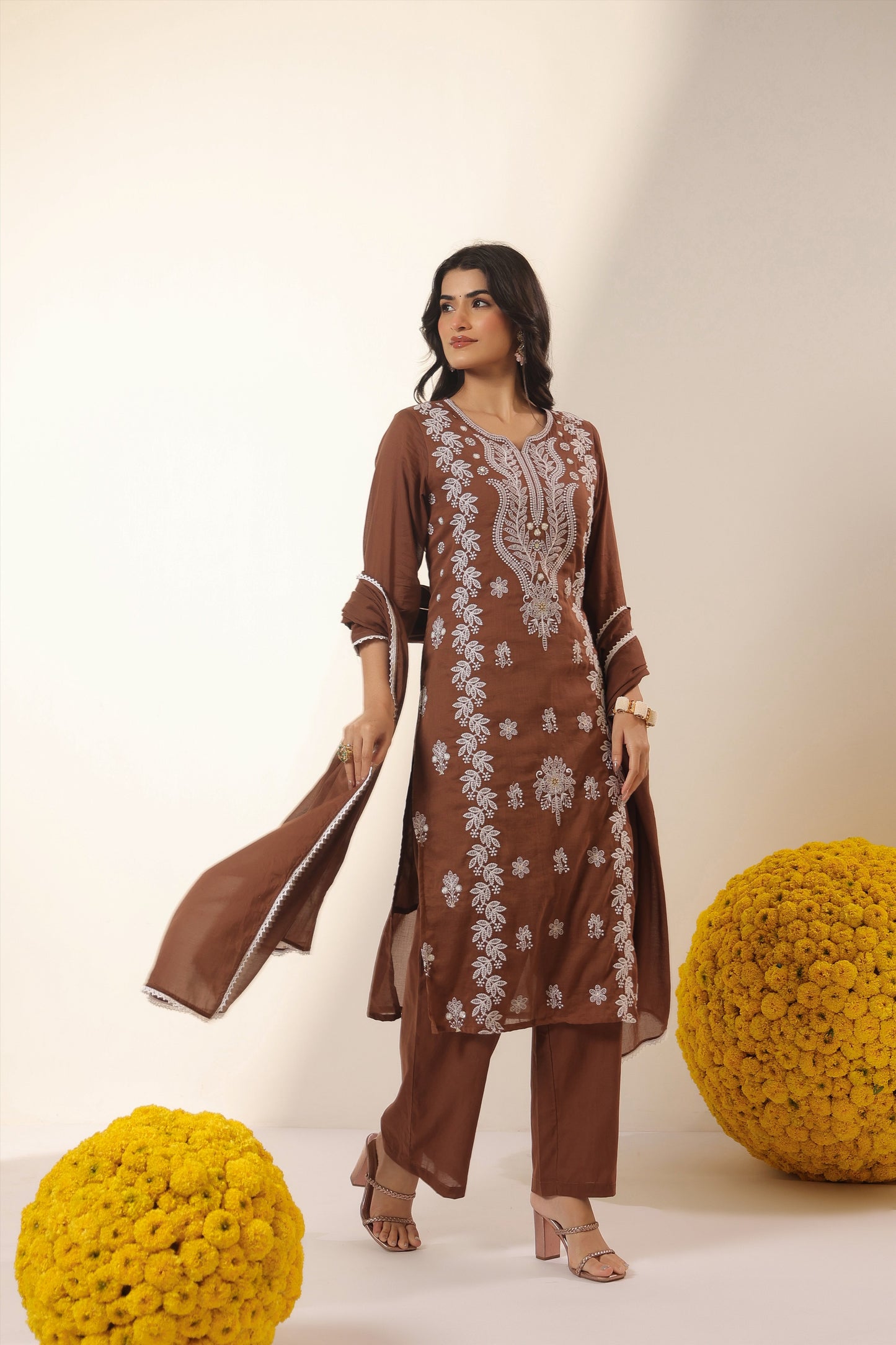 Cotton Mulmul Chikankari Embroidered Straight Suit - Chocolate