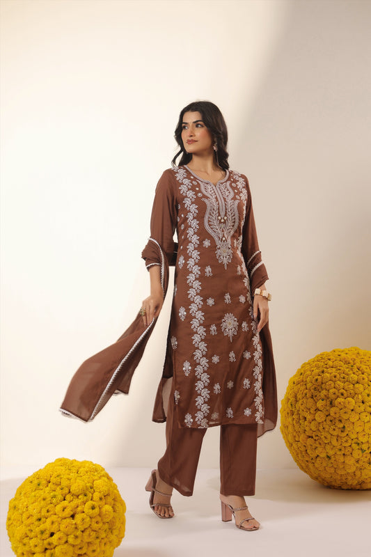 Cotton Mulmul Chikankari Embroidered Straight Suit - Chocolate