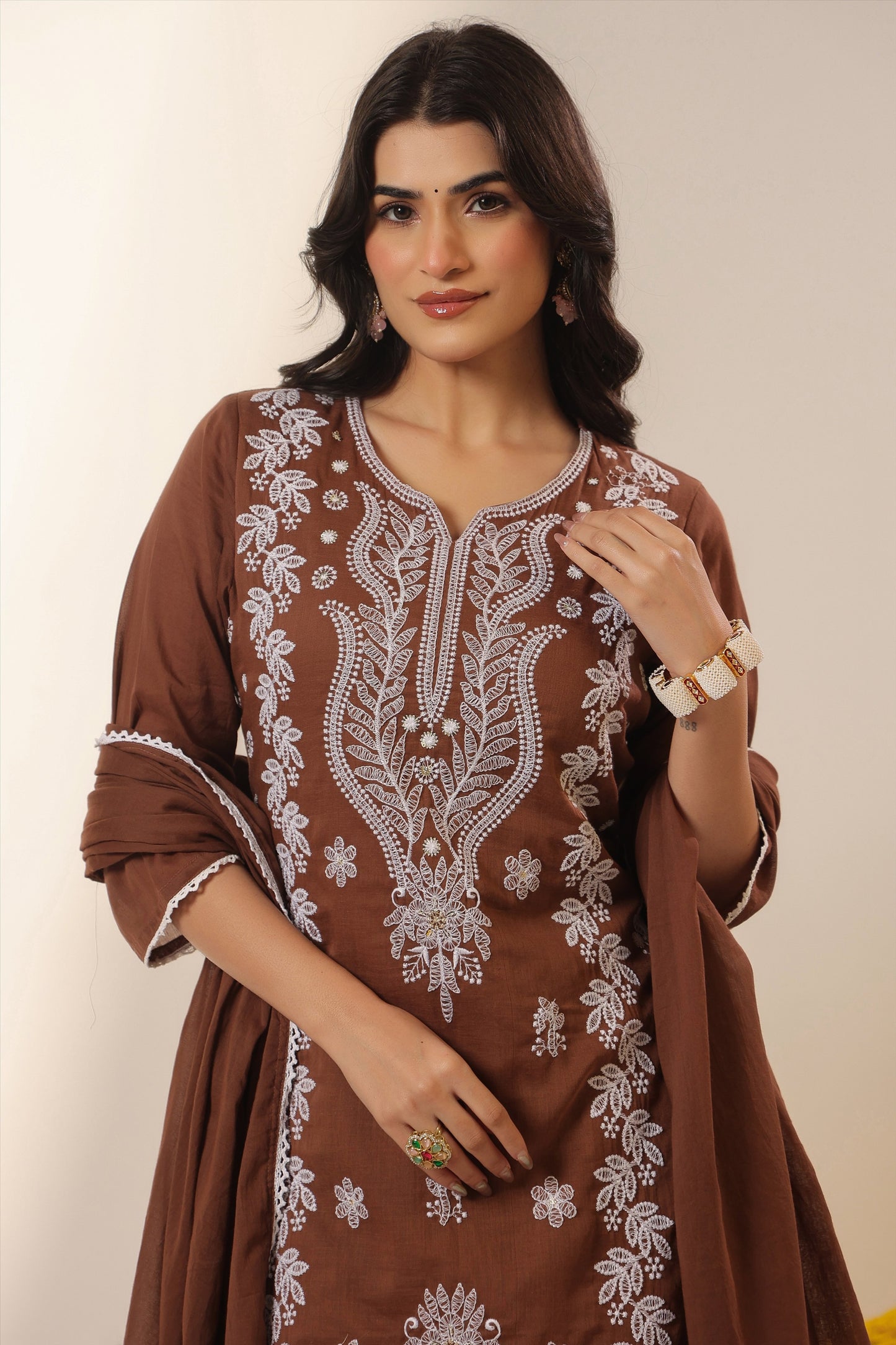 Cotton Mulmul Chikankari Embroidered Straight Suit - Chocolate