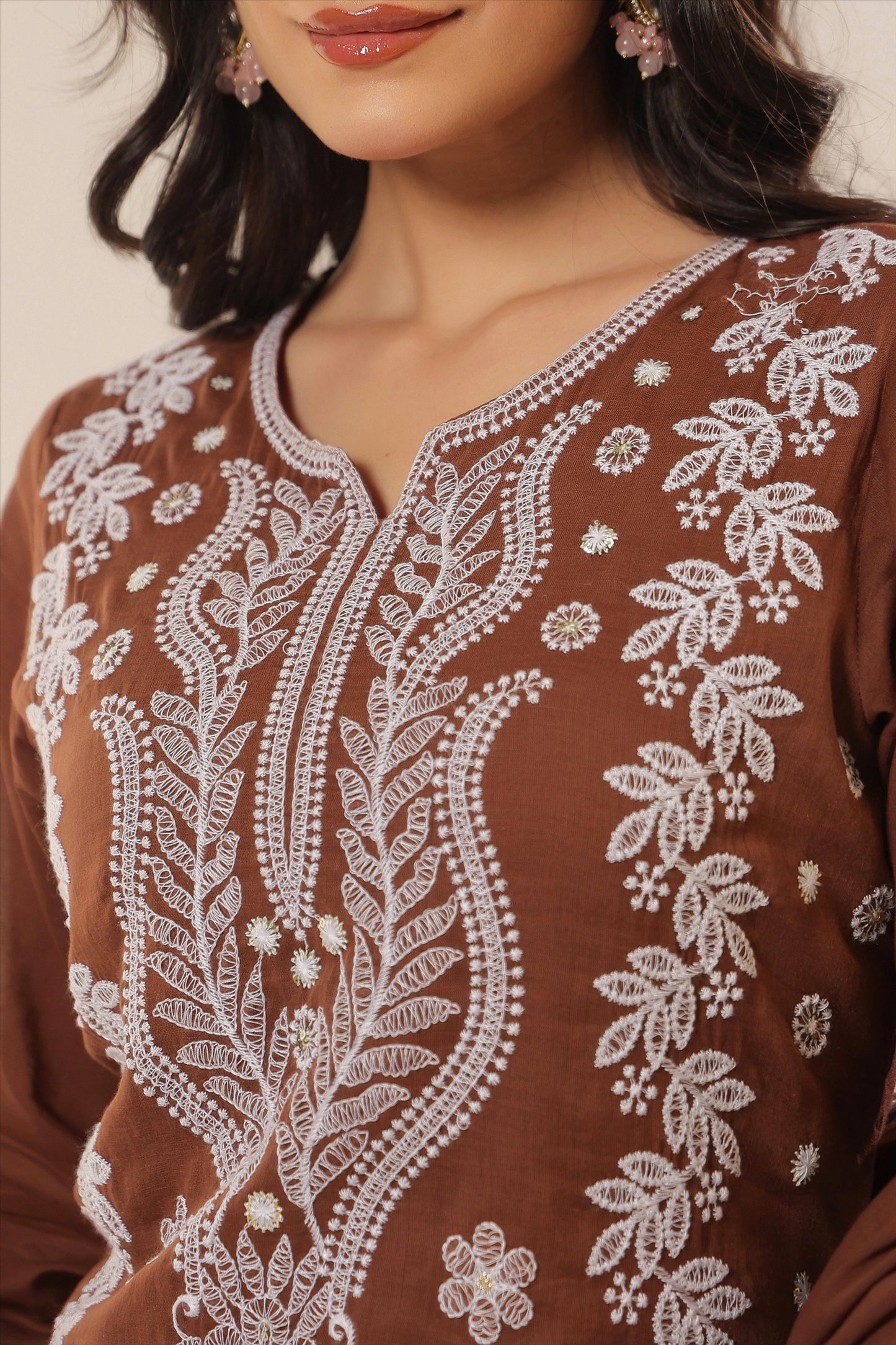 Cotton Mulmul Chikankari Embroidered Straight Suit - Chocolate