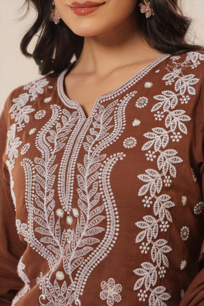 Cotton Mulmul Chikankari Embroidered Straight Suit - Chocolate