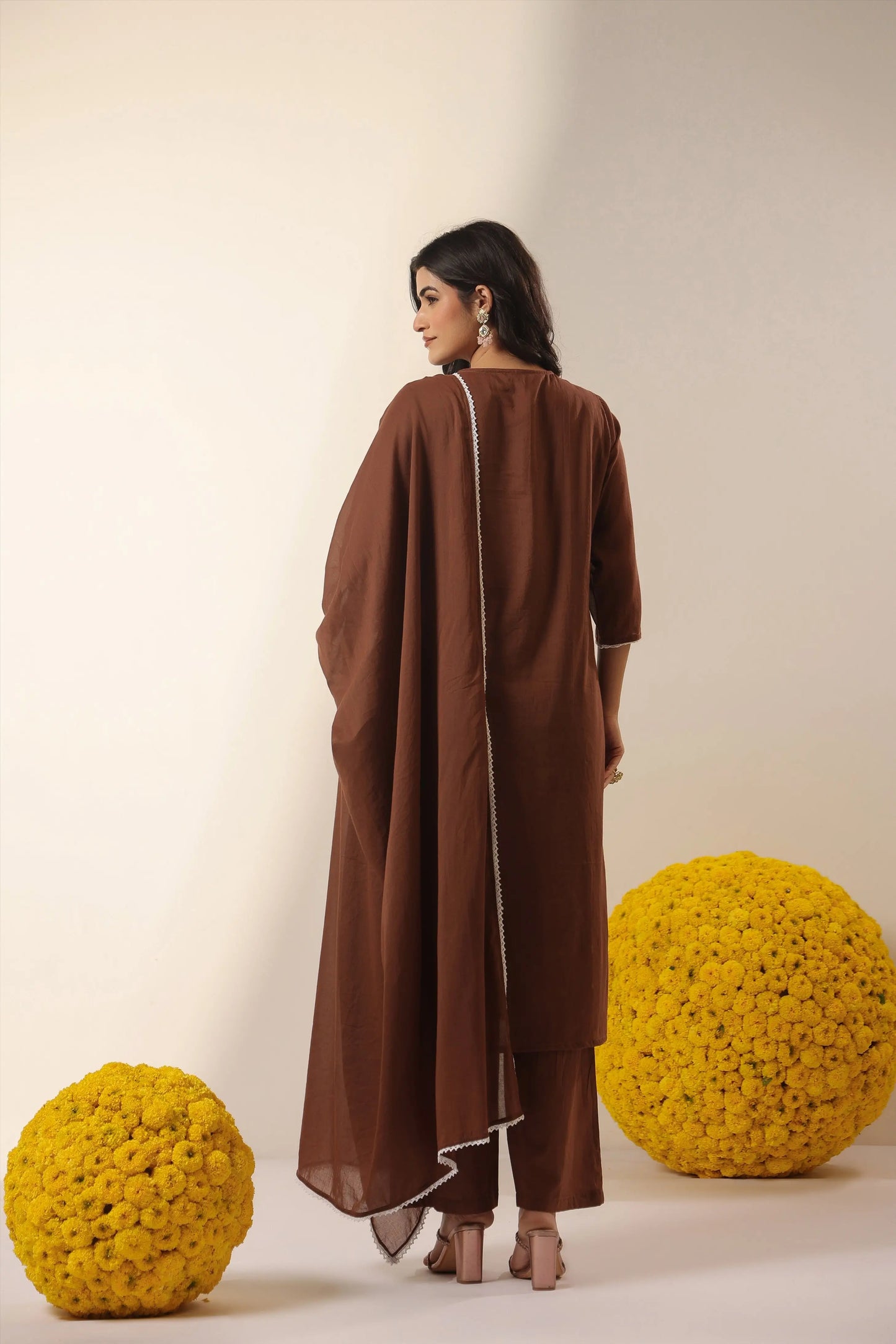 Cotton Mulmul Chikankari Embroidered Straight Suit - Chocolate