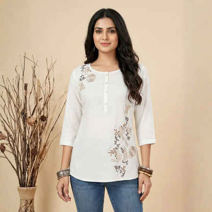 White Asymmetric Floral Embroidered Top