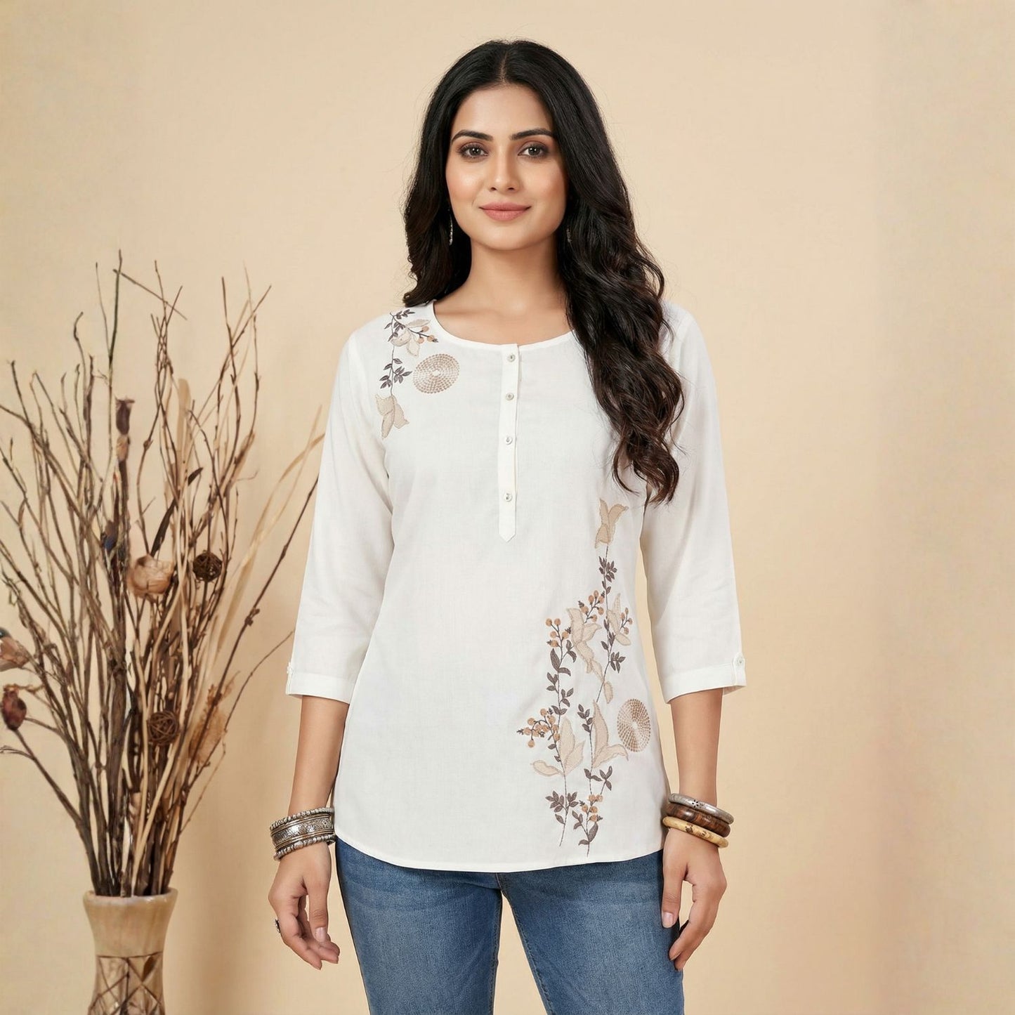 White Asymmetric Floral Embroidered Top