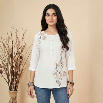 White Asymmetric Floral Embroidered Top