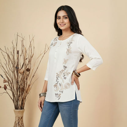 White Asymmetric Floral Embroidered Top