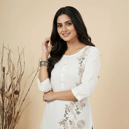 White Asymmetric Floral Embroidered Top