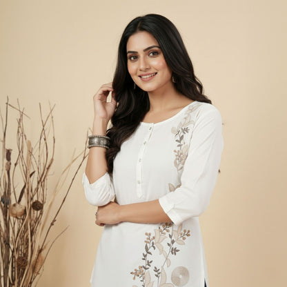 White Asymmetric Floral Embroidered Top