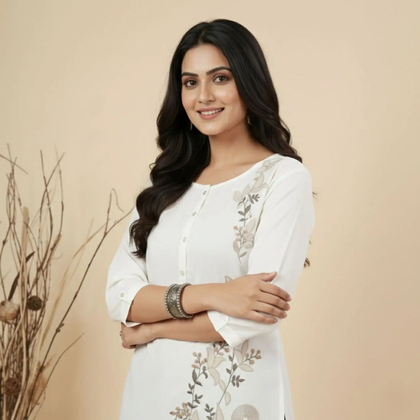 White Asymmetric Floral Embroidered Top