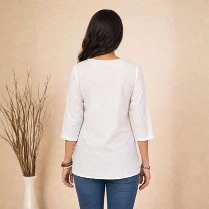 White Asymmetric Floral Embroidered Top