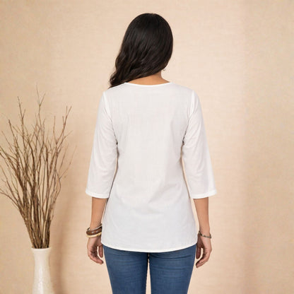 White Asymmetric Floral Embroidered Top