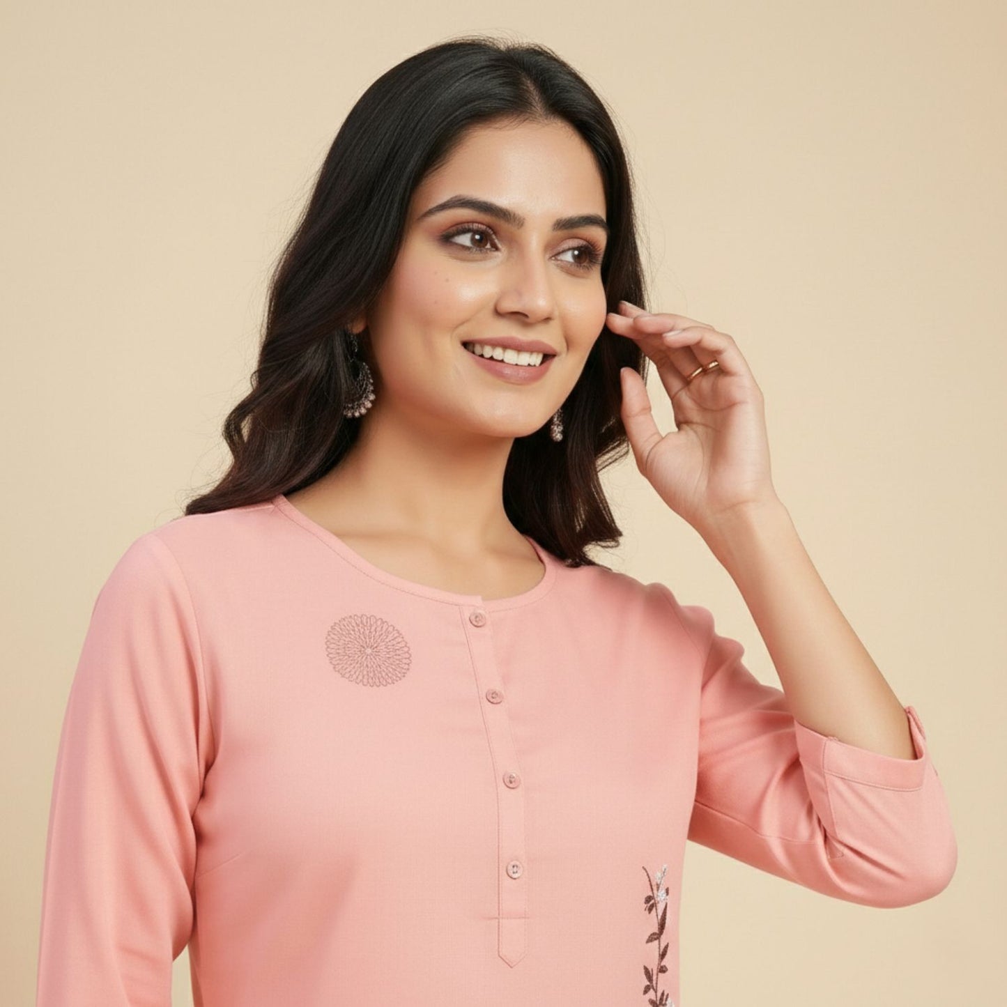 Peach Pink Asymmetric Floral Embroidered Top