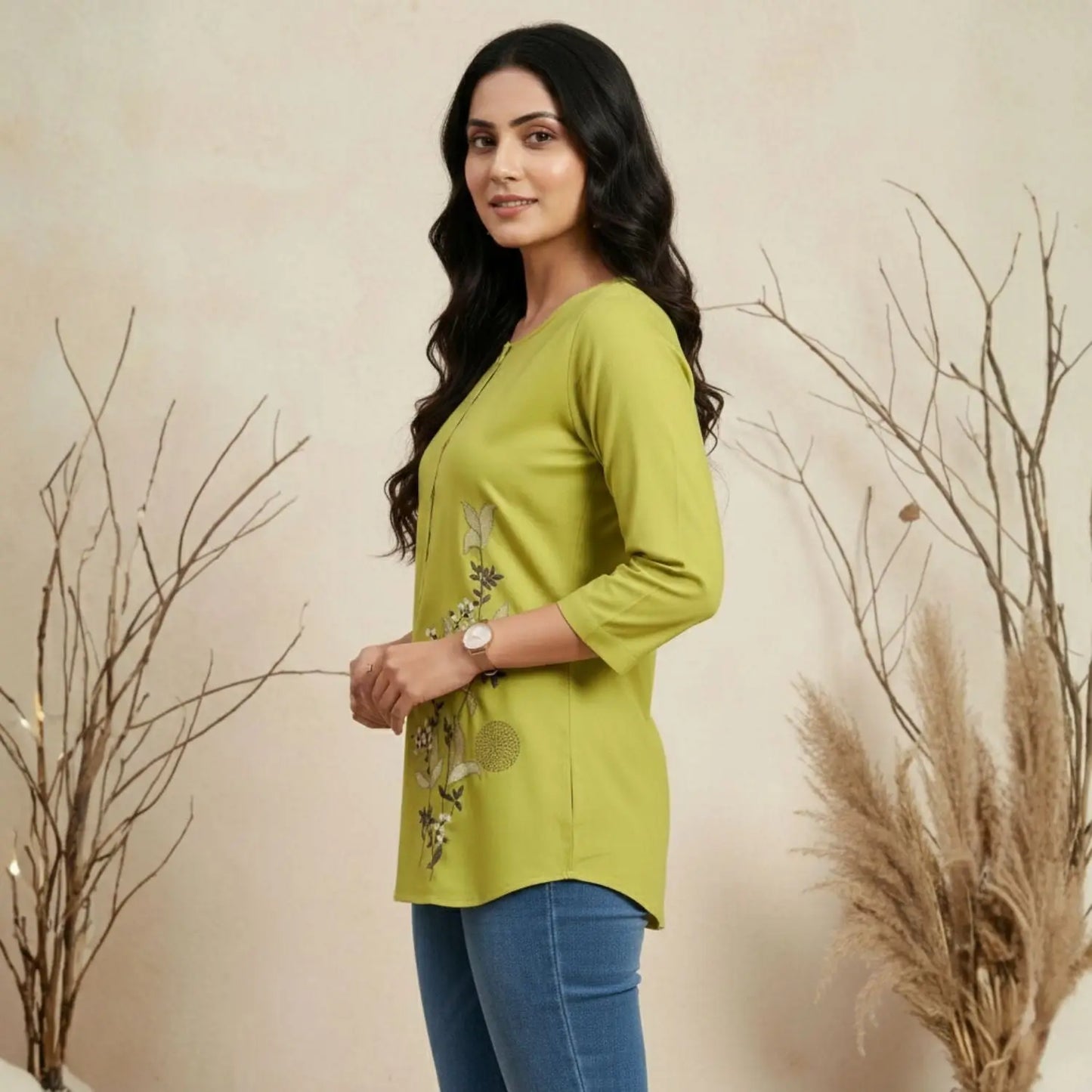 Lime Green Asymmetric Floral Embroidered Top