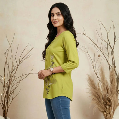 Lime Green Asymmetric Floral Embroidered Top