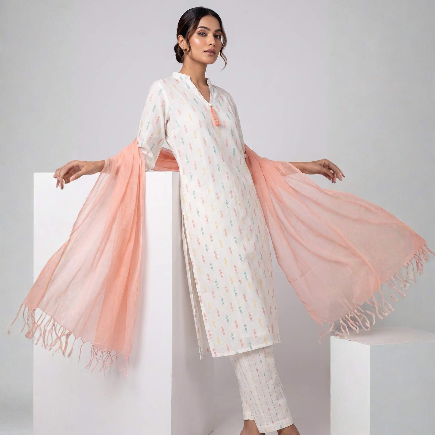 White Colour Suit Set with Pink Dupatta
