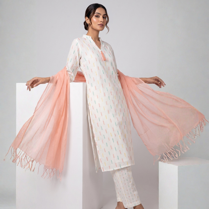 White Colour Suit Set with Pink Dupatta